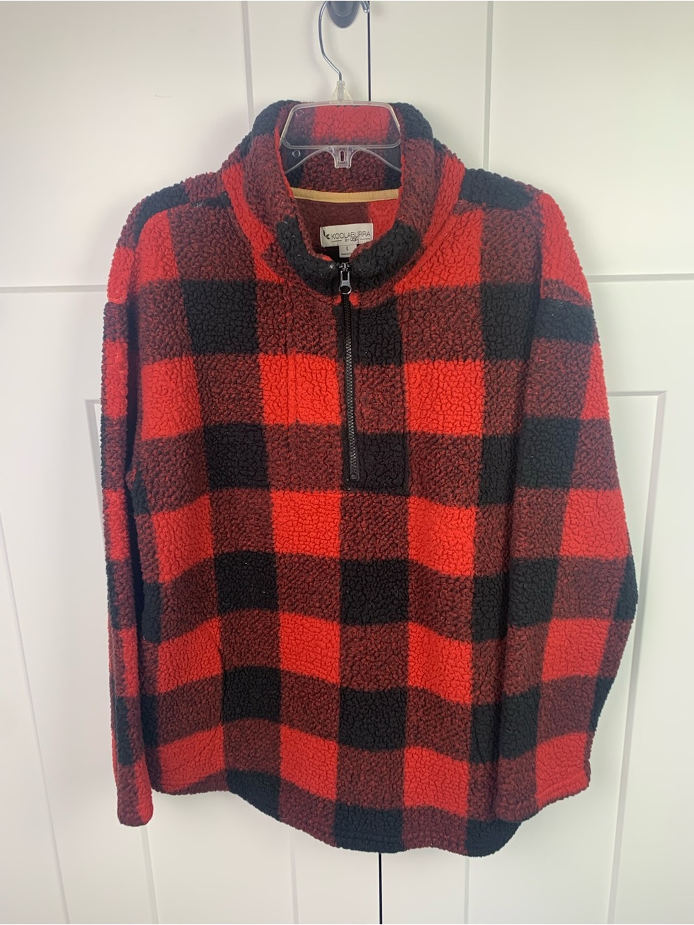 Koolaburra UGG Pullover Women L Red Buffalo Plaid Sherpa Quarter Zip Fleece